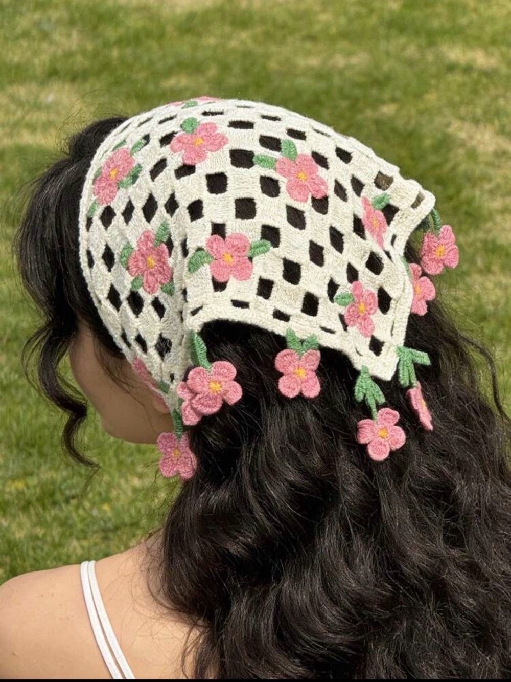 Cream Crochet Headscarf with Pink Flower Accents